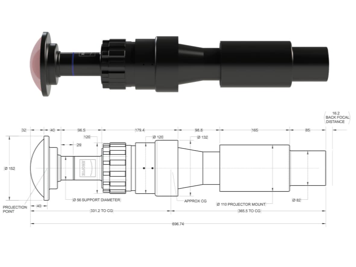 JL4K-4: Technical drawing of projection lens for giant screen solutions 투사 렌즈 기술 도면